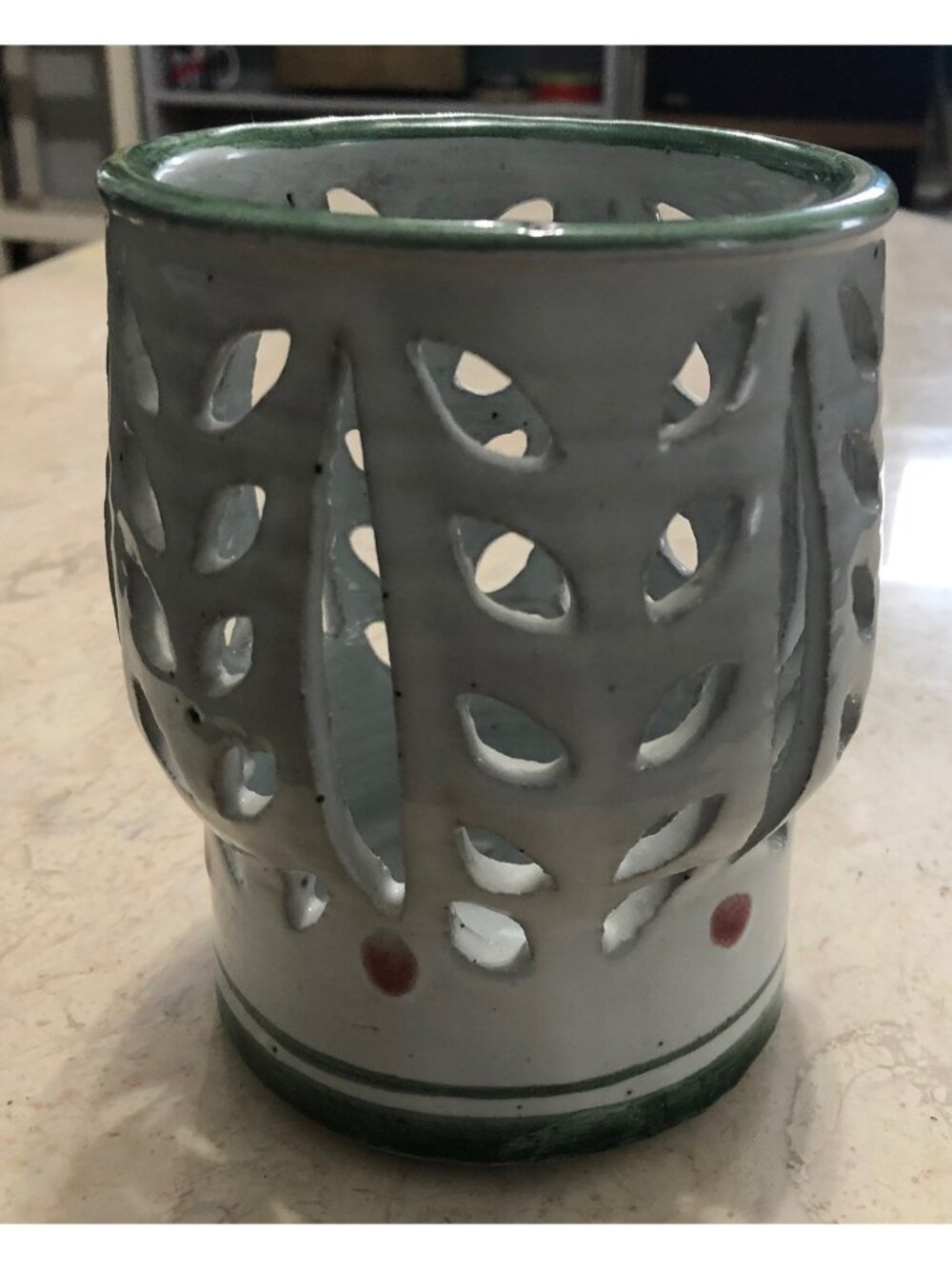 Studio Pottery Candleholder Gray Reticulated Openwork Signed Frasier Cottagecore